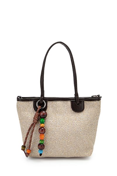 minebag Wooden Bead Detailed Straw Women's Crossbody Bag Missy Brown