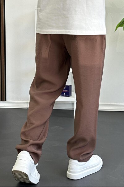 Edwox Men's Elastic Waist Modal Fabric Relaxed Cut Trousers Brown Edw396