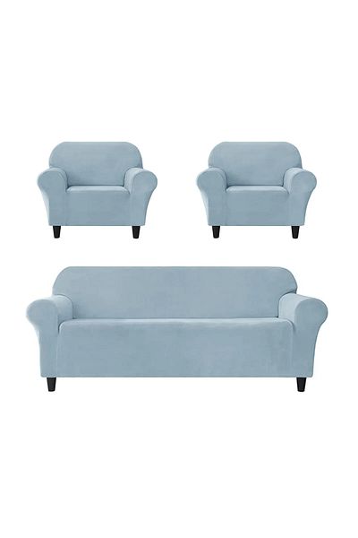 trendyhome Set huse elastice din catifea, canapea cu 3 locuri + 2 fotolii, UNI, albastru, J11017