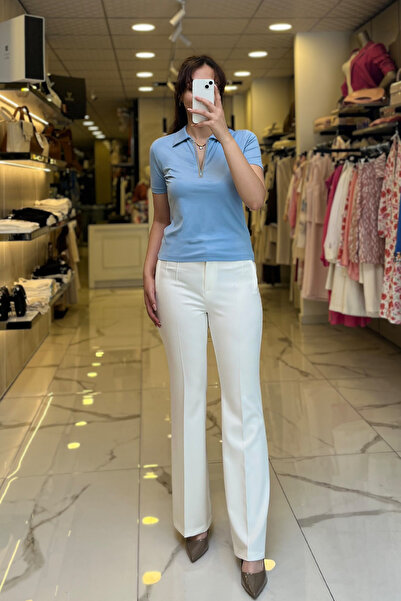 Vosse On Fashıon Mavi Yakası Taşlı Fermuarlı Bluz