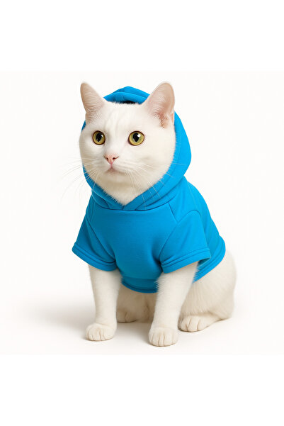 Buddy Store Kedi Kıyafeti Kapüşonlu Mavi Sweatshirt Hoodie Şirinler Baskılı M Beden