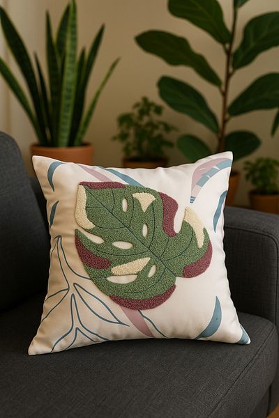 Pilloveland Punch Embroidered Throw Pillow Case - 43*43 cm - Monstera