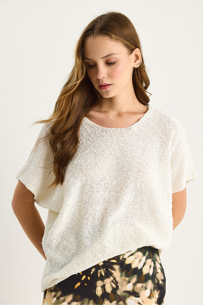 Bianco Lucci Γυναικείο κοντομάνικο καλοκαιρινό πλεκτό μπλουζάκι 20251010