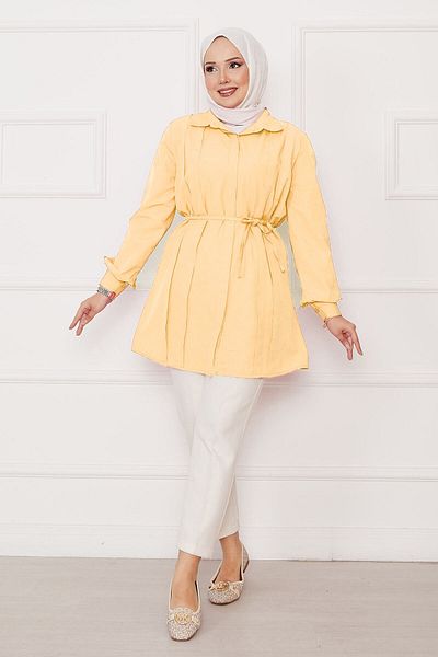 EBRUTESETTÜR Long Hidden Buttoned Pleated Detailed Hijab Shirt