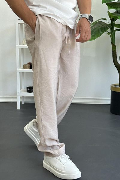 Edwox Men's Elastic Waist Modal Fabric Comfortable Cut Trousers Cream Edw396