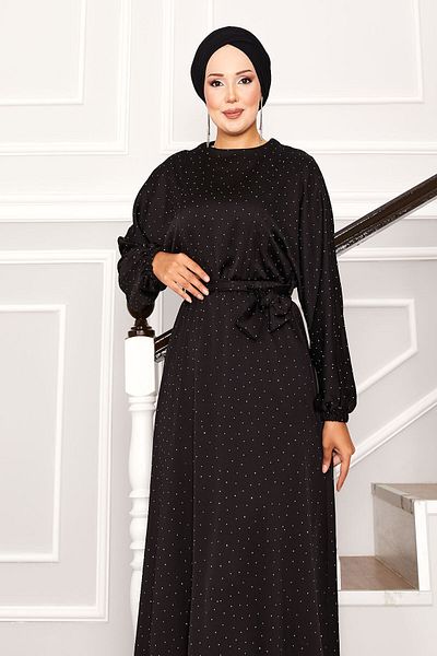EBRUTESETTÜR Serpme Stone Detailed Mobile Belted Bat Sleeve Dress
