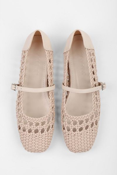 Shoeberry Women's Miela Beige Leather Buckled Knitted Ballet Flats
