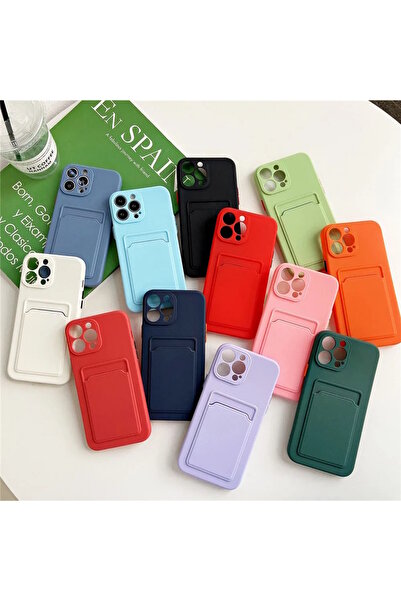 m.tk moveteck iPhone 13-14 Kılıf Kamera Ve Köşe Korumalı Kartlıklı Cüzdanlı Yumuşak Renkli Silikon Kap içi Kadife