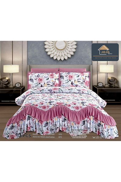 trendyhome Ruffled Duvet Cover, Double Bed, 3 Pieces, Floral Print, Pink/White, J9848