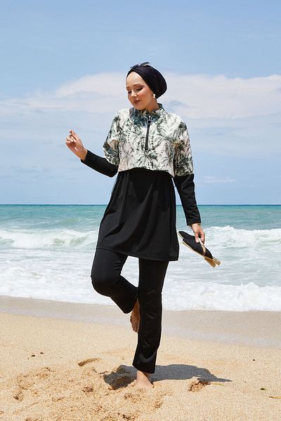 EBRUTESETTÜR Half Zipper Palm Pattern Hijab Swimsuit