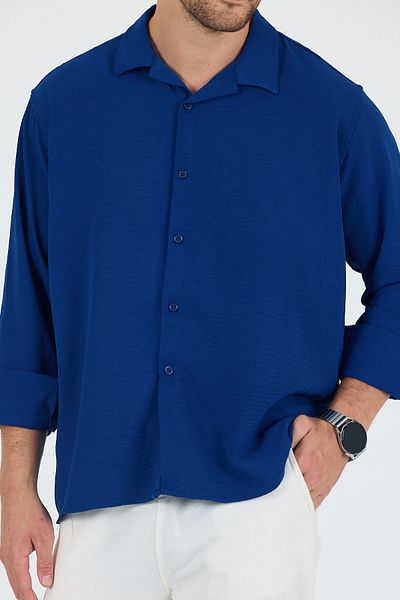 Trn JNS Berlin Parliament Blue Summer Aerobin Linen Textured Comfortable Fit Oversize Men's Shirt
