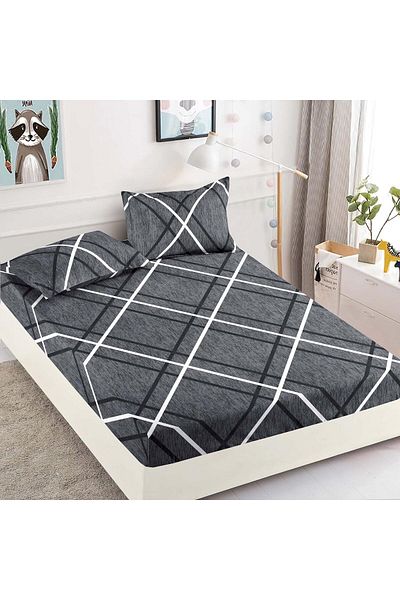 trendyhome Single Bed Cover with Elastic, Fine Cotton, 90 x 200 cm, Lines, Grey, J23443