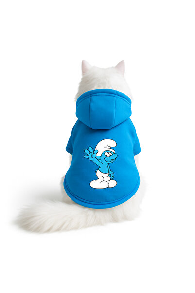 Buddy Store Kedi Kıyafeti Kapüşonlu Mavi Sweatshirt Hoodie Şirinler Baskılı M Beden