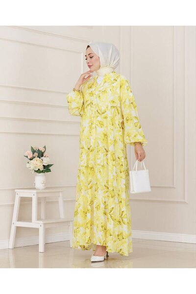 Yağmur Çiçek Desenli Yarım Pat Düğmeli Kadın Yazlık Elbise