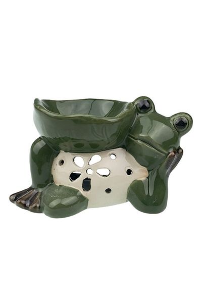 OEM Suport de lumânare din ceramică, model broască, 13x9cm, verde
