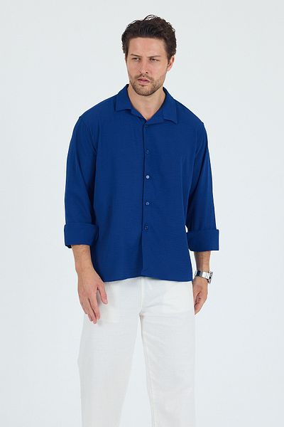 Trn JNS Berlin Parliament Blue Summer Aerobin Linen Textured Comfortable Fit Oversize Men's Shirt