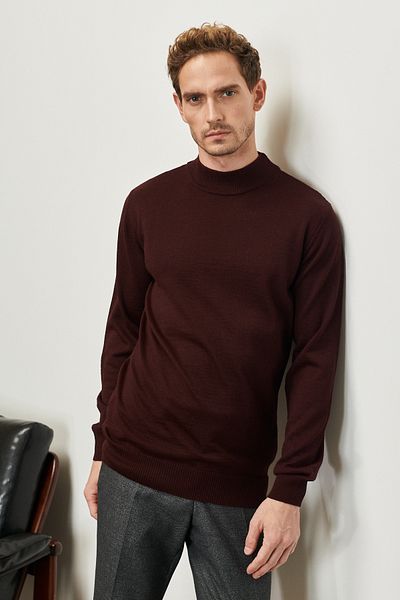 AC&Co / Altınyıldız Classics Men's Claret Red Standard Fit Normal Cut Half Turtleneck Wool Knitwear Sweater