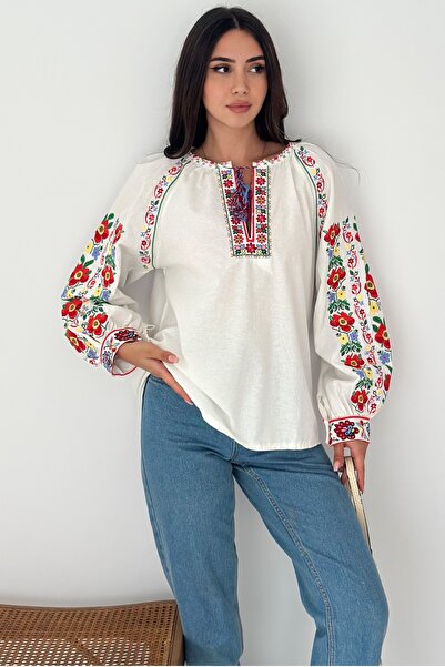 FEMELLE Women's White Vintage Floral Embroidery Embroidered Tassel Cotton Blouse