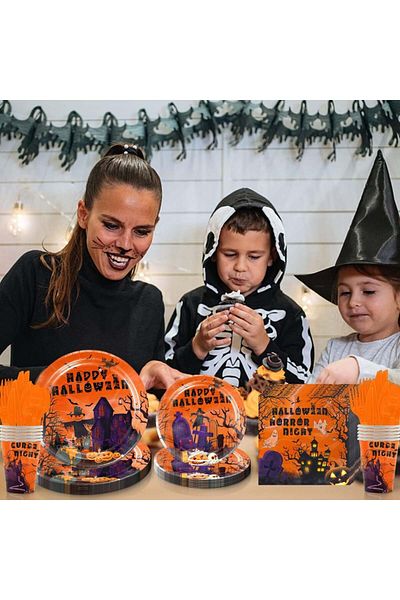 Miotlsy Halloween party tableware set, cardboard/polyethylene, orange, 81 pieces, 10 people