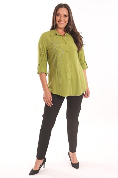 Metpoint Trend42plus Büyük Beden Yağ Yeşili Taş Baskılı Dokuma Gömlek