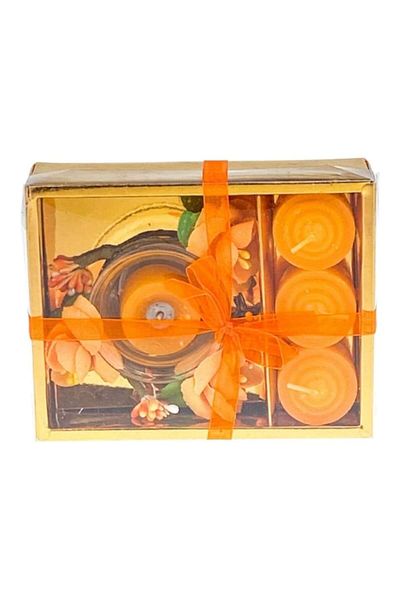 OEM Set format din pahar de sticla, flori decorative si patru pastile din ceara, 15x12 cm portocaliu