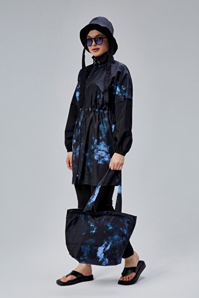 MASSMİZO Nebula Women's Short Patterned Zippered Fully Covered Hijab Swimsuit Set of 3