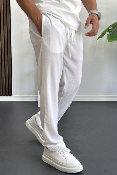 Edwox Pantaloni pentru bărbați din țesătură modal cu talie elastică, cu croiala confortabilă, alb Edw396