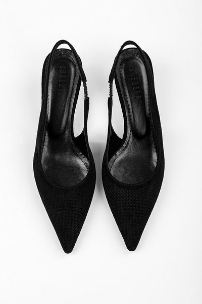 Shoeberry Women's Vanie Black Suede Laser Perforated Stiletto
