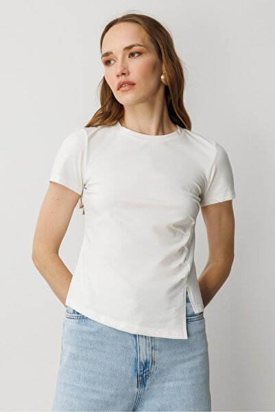 accort Drape Detaylı Taşlı Tişört-KEMIK