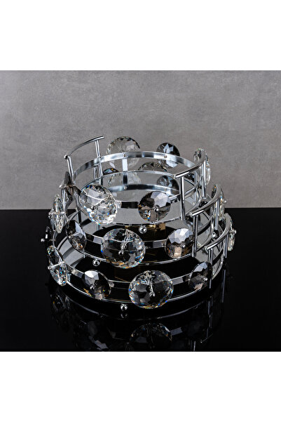 Hinora Yuvarlak Büyük Taşlı Aynalı 3Lü Şık Tepsi Seti 25-30-35x11cm