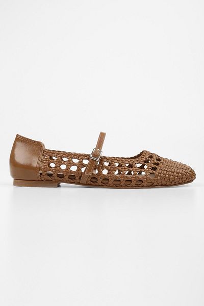 Shoeberry Women's Miela Caramel Skin Buckle Knitted Ballerinas