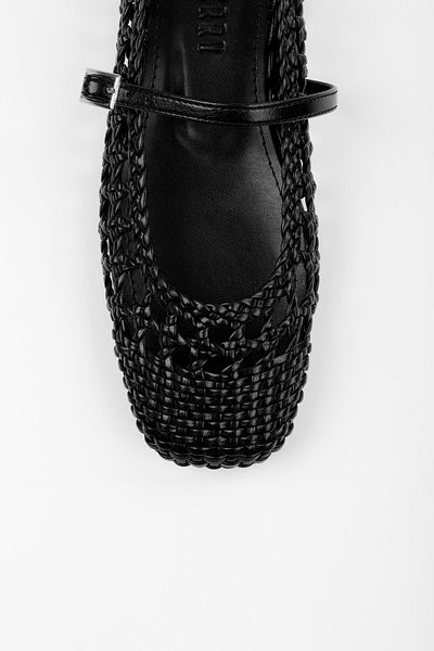 Shoeberry Women's Miela Black Leather Buckle Knitted Ballerinas