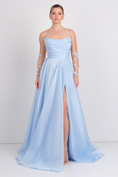 ÖMÜR INN Ömür Inn Kadın İp Askılı Derin Yırtmaçlı Uzun Abiye Elbise 0482 Bebe Mavisi