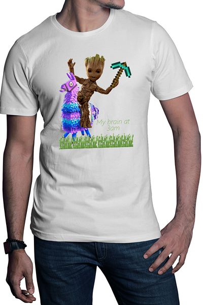 OEM Men's T-shirt Baby Groot Riding Fortnite Blade Minecraft Pickaxe