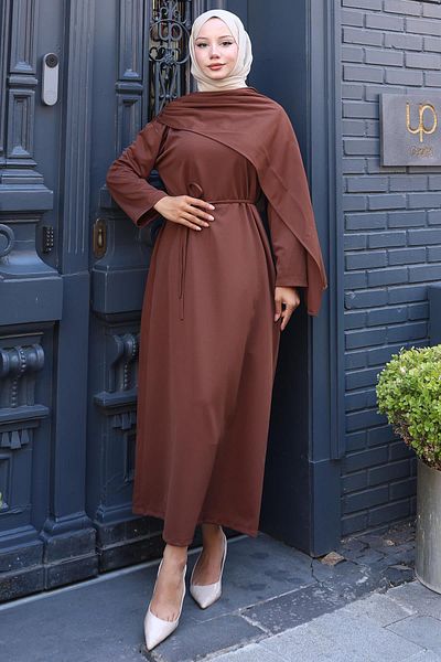 hafsamina Shawl Detailed Dress Brown Hm2792