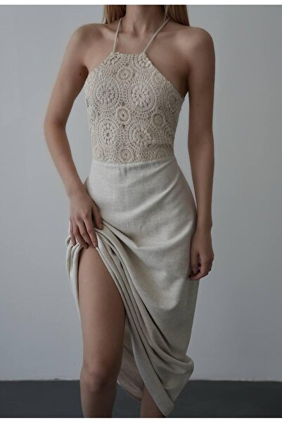 Quzu Collection HALTER YAKA KETEN ELBİSE