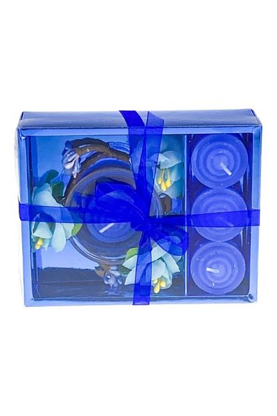 OEM Set format din pahar de sticla, flori decorative si patru pastile din ceara, 15x12 cm albastru
