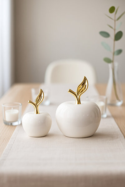 Minole Modern Seramik Elma Dekor – 2’li Set, Altın Detaylı - Ofis Masası Deko...