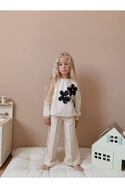 YİGİT BUTİK Yigit Boutique Flower Applique Embroidered Long Sleeve Girls Bottom Top Set
