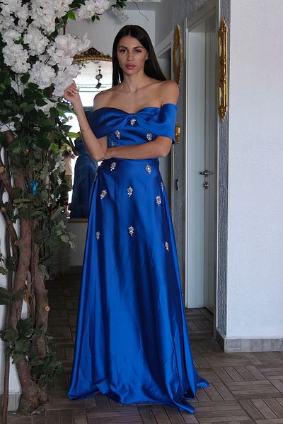 Feminist Bow Collar Stone Detailed Evening Dress Saks 9705541