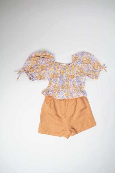 Gingersnaps Floral Blouse with Short Sleeves and Bow, Plain Shorts for Girls