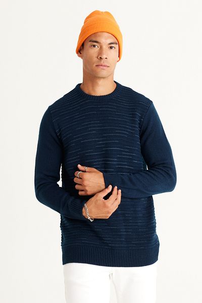 AC&Co / Altınyıldız Classics Men's Navy Blue-Indigo Standard Fit Regular Cut Crew Neck Patterned Sweater