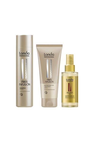 Londa Professional Set Londa Fiber Infusion – Șampon 250ml + Tratament 200ml + Ulei de catifea cu argan și vitamina E 100ml