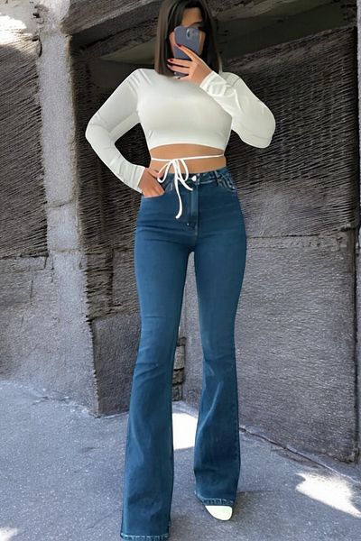 byhaziran butik Pelun Women's Medium Blue Lycra High Waist Spanish Leg Jeans