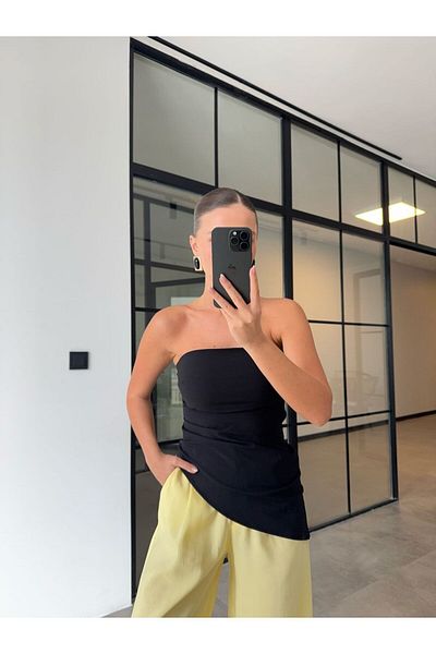 BB Bensu Buyruk Asymmetric Cut Strapless Black Bluz