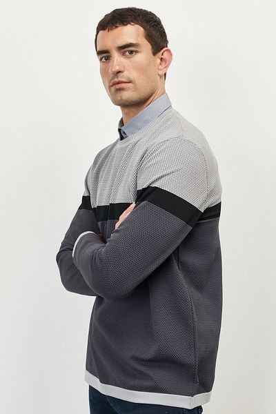 AC&Co / Altınyıldız Classics Men's Grey-black Standard Fit Regular Cut Crew Neck Honeycomb Textured Winter Knitwear Sweater
