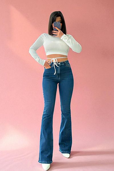 byhaziran butik Melanie Women's Medium Blue High Waist Stretchy Denim Fabric Flare Jeans