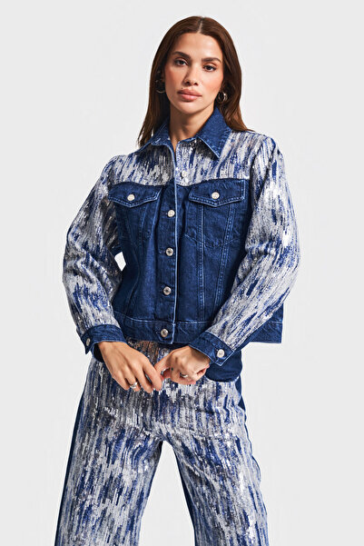 its basic Жіночий синій колір 1w5-4 Oversize з паєтками Спеціальна тканина 100% бавовна Дизайн джинсова куртка