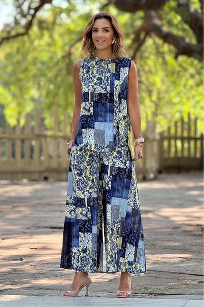 Nevin Kaya Moda Sicily Blue Amber Patterned Trousers Blouse Double Set
