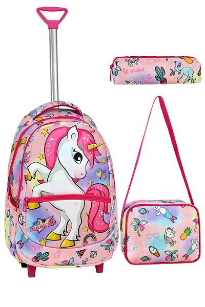Çanta Trend Set școlar din 3 piese cu racletă, geantă pentru școală primară cu model unicorn + cutie de prânz + suport pentru stilou